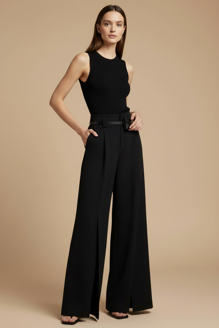 Women's Wide Leg Pants - High Waist Pleated Front Split Hem