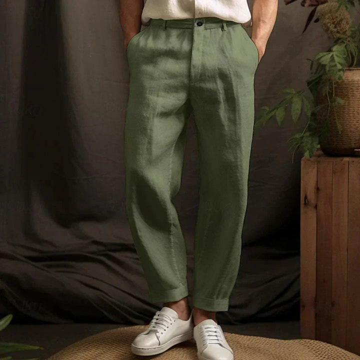 Men's Linen Pants - Pleated Tapered Leg Cuffed Hem Belt Loops