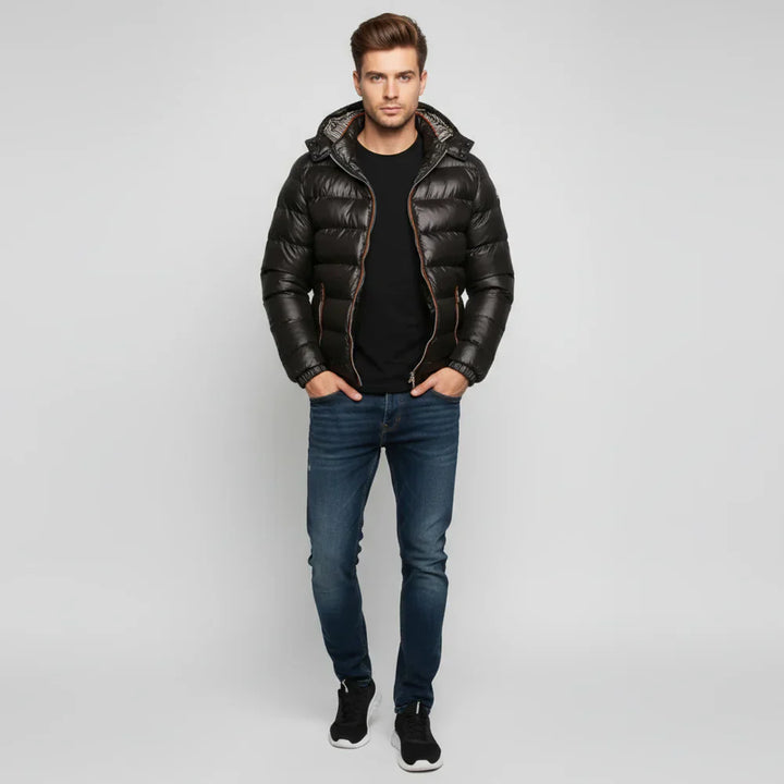 Men's Puffer Jacket - Hooded Zip Front with Contrast Zip Pockets and Quilted Channels