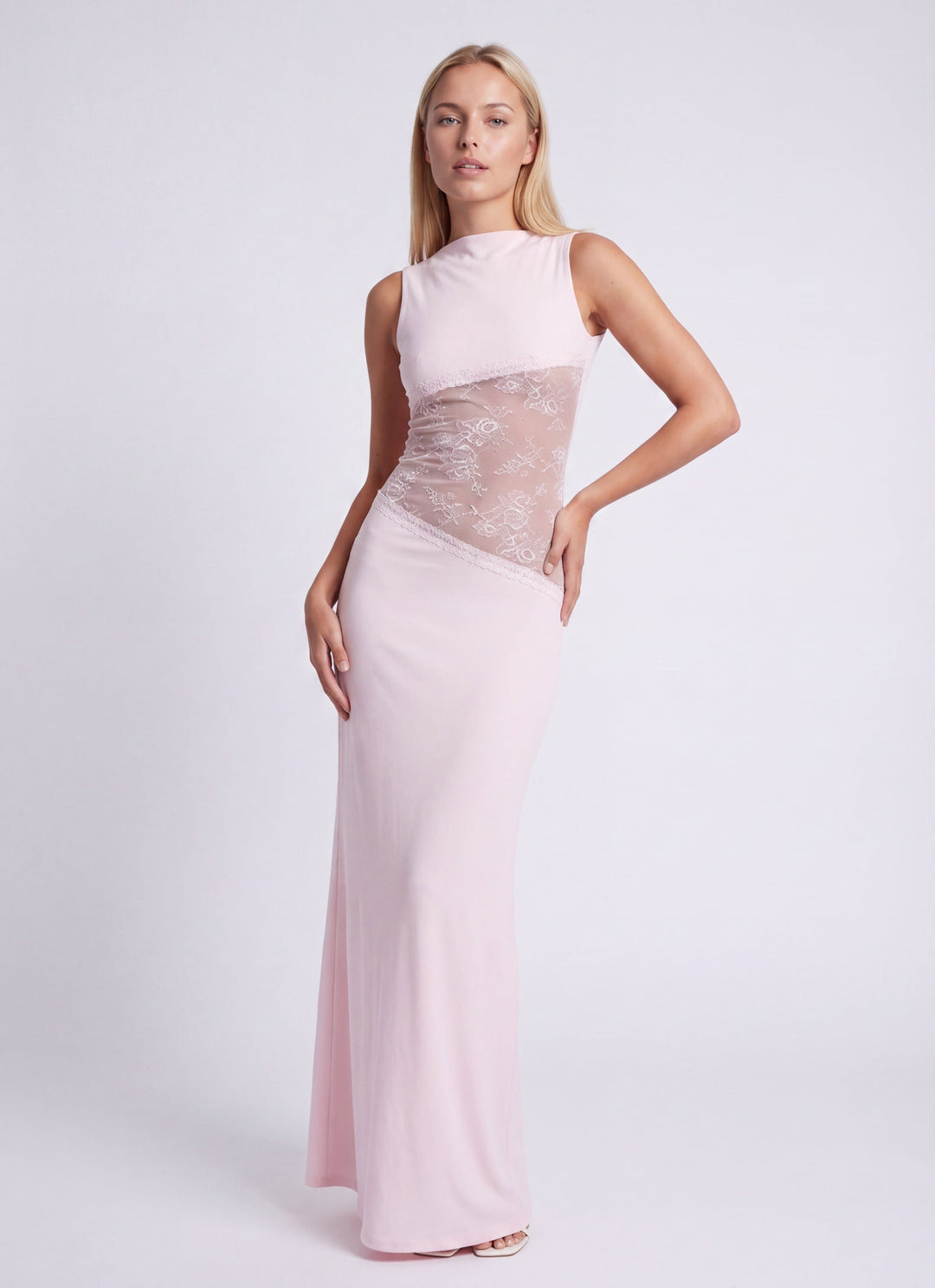 Women's Sleeveless Lace Panel Maxi Dress - Boat Neck