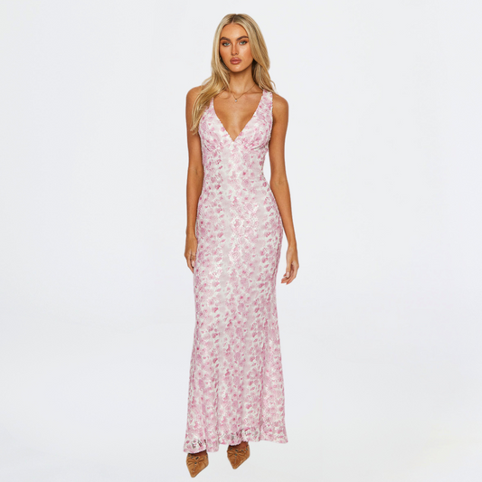 Women's Sequin Floral V-Neck Sleeveless Wedding Guest Maxi Dress