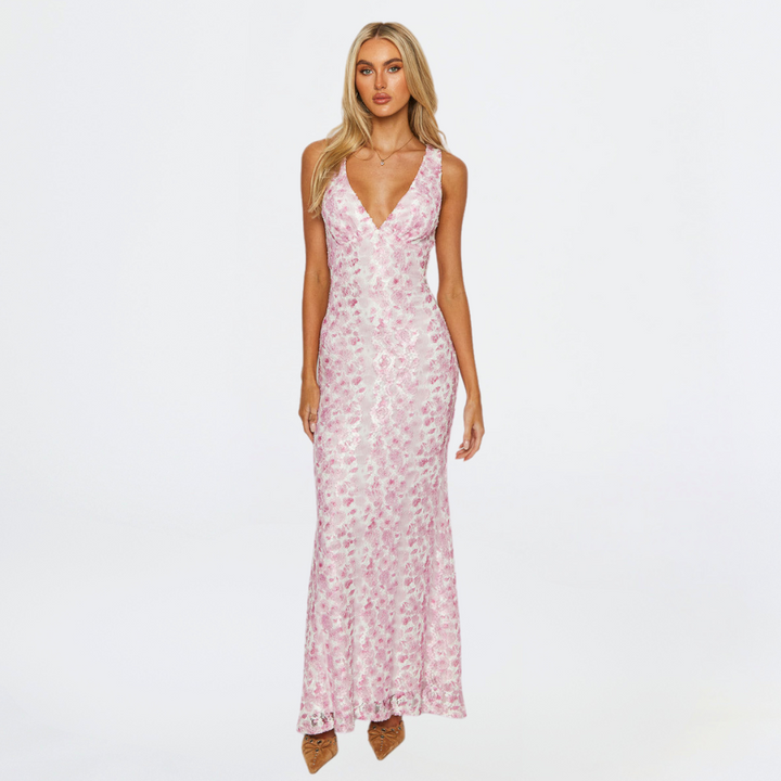 Women's Sequin Floral V-Neck Sleeveless Wedding Guest Maxi Dress