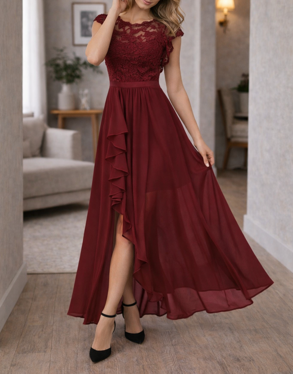 Women's Lace Bodice A-Line Maxi Dress - Sleeveless Asymmetrical Ruffle Hem