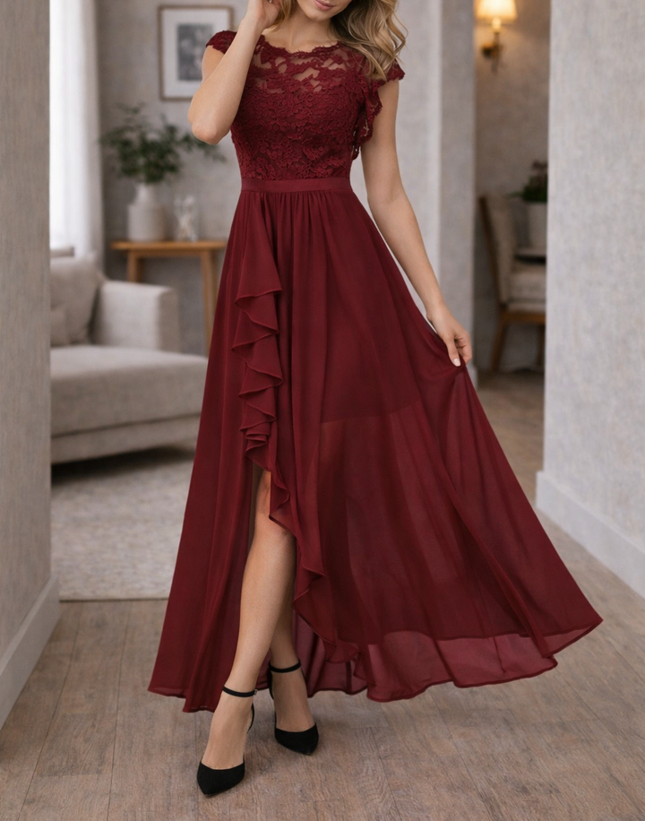 Women's Lace Bodice A-Line Maxi Dress - Sleeveless Asymmetrical Ruffle Hem