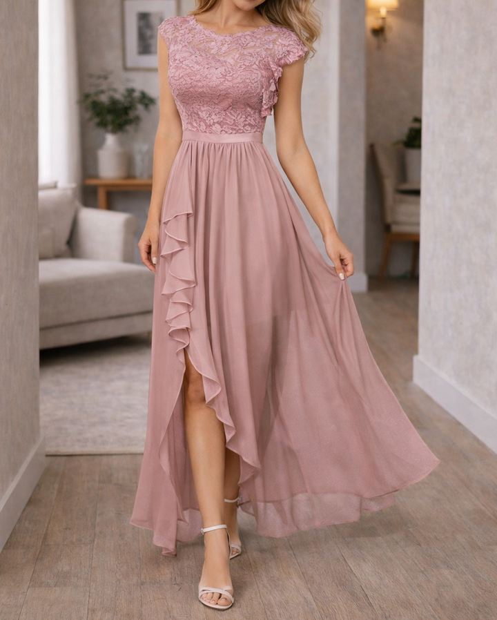 Women's Lace Bodice A-Line Maxi Dress - Sleeveless Asymmetrical Ruffle Hem