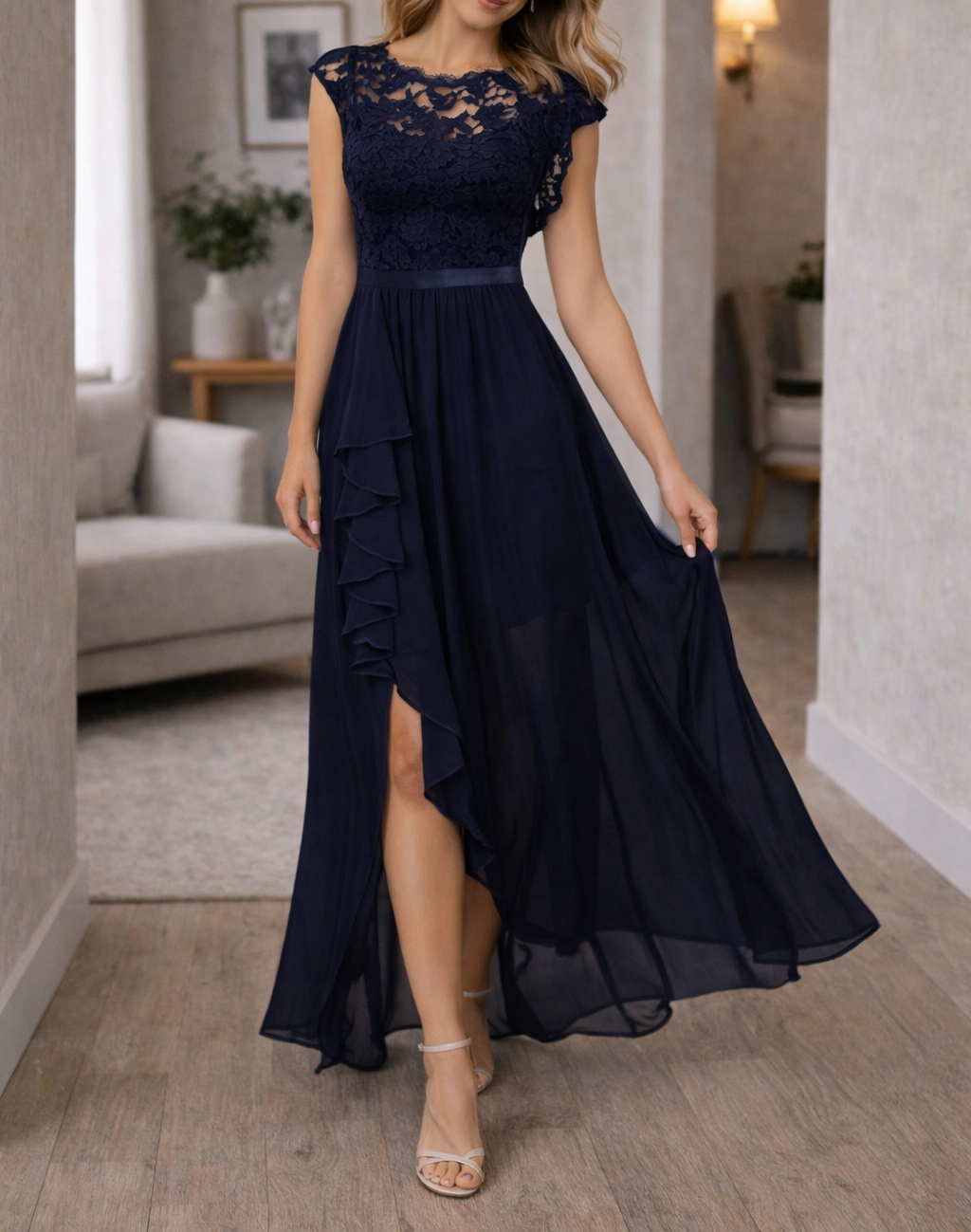 Women's Lace Bodice A-Line Maxi Dress - Sleeveless Asymmetrical Ruffle Hem