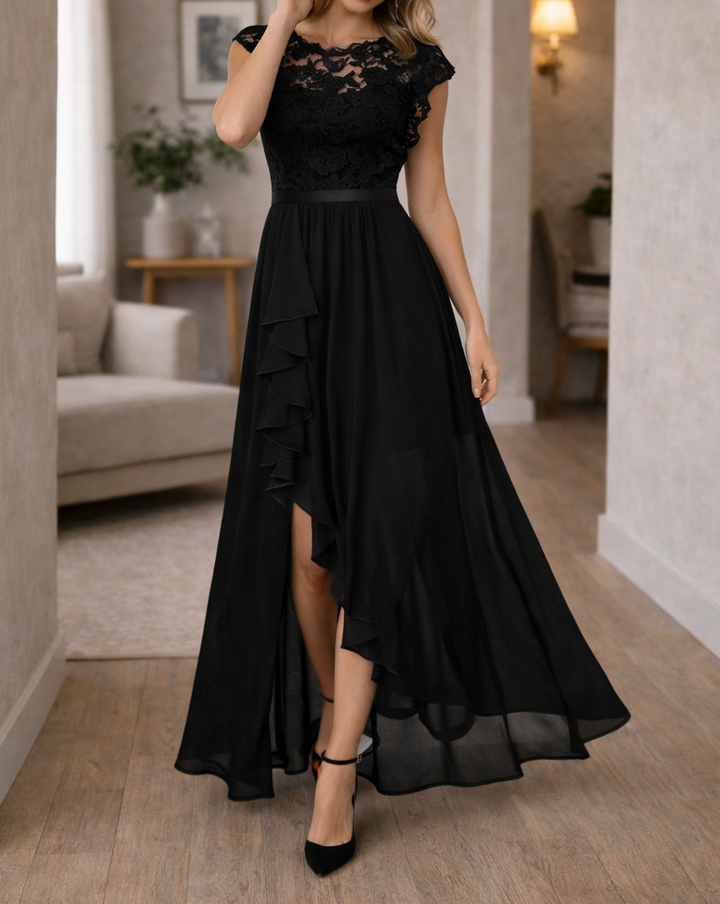 Women's Lace Bodice A-Line Maxi Dress - Sleeveless Asymmetrical Ruffle Hem