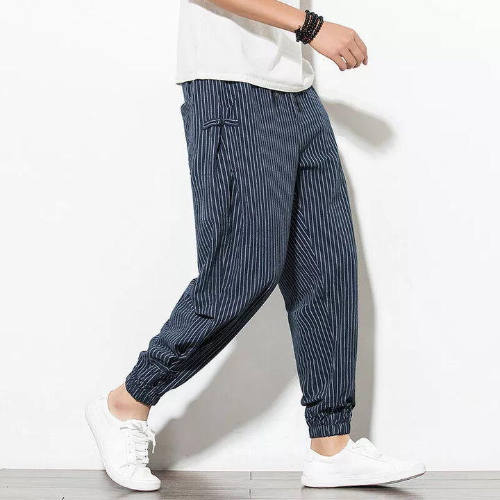 Men's Linen Stripe Harem Pants - Elasticated Waist - Cuffed Hem