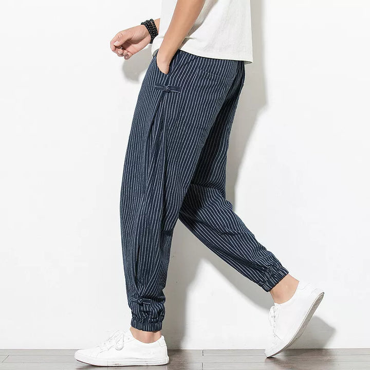 Men's Linen Stripe Harem Pants - Elasticated Waist - Cuffed Hem
