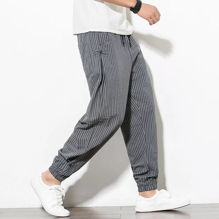 Men's Linen Stripe Harem Pants - Elasticated Waist - Cuffed Hem