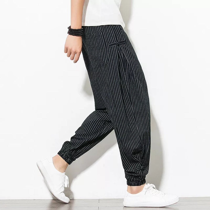 Men's Linen Stripe Harem Pants - Elasticated Waist - Cuffed Hem