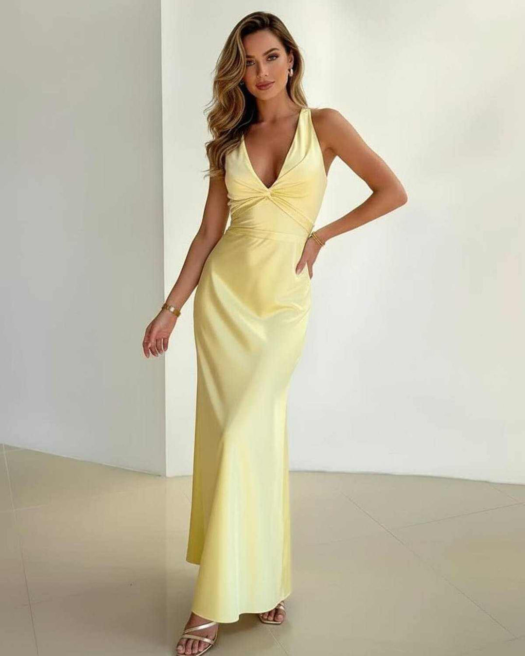 Women's Halter Neck Twist Front Deep V Maxi Dress