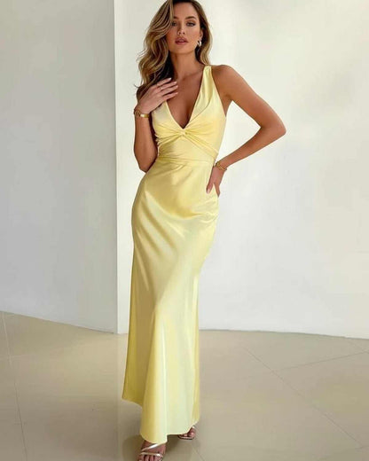Women's Halter Neck Twist Front Deep V Maxi Dress