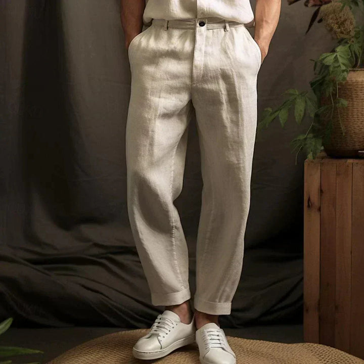 Men's Linen Pants - Pleated Tapered Leg Cuffed Hem Belt Loops