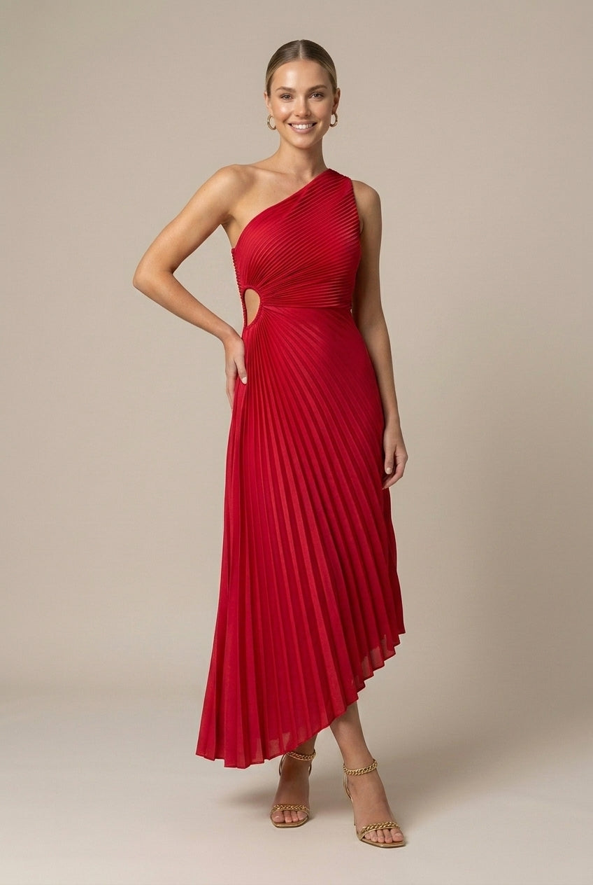 Women's One Shoulder Pleated Maxi Wedding Guest Dress
