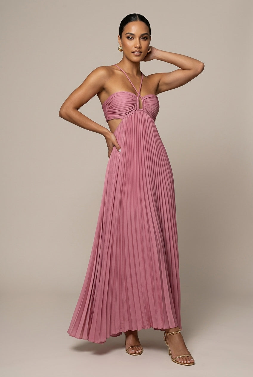 Women's Pleated Halter Neck Flowy Maxi Dress - Open Back