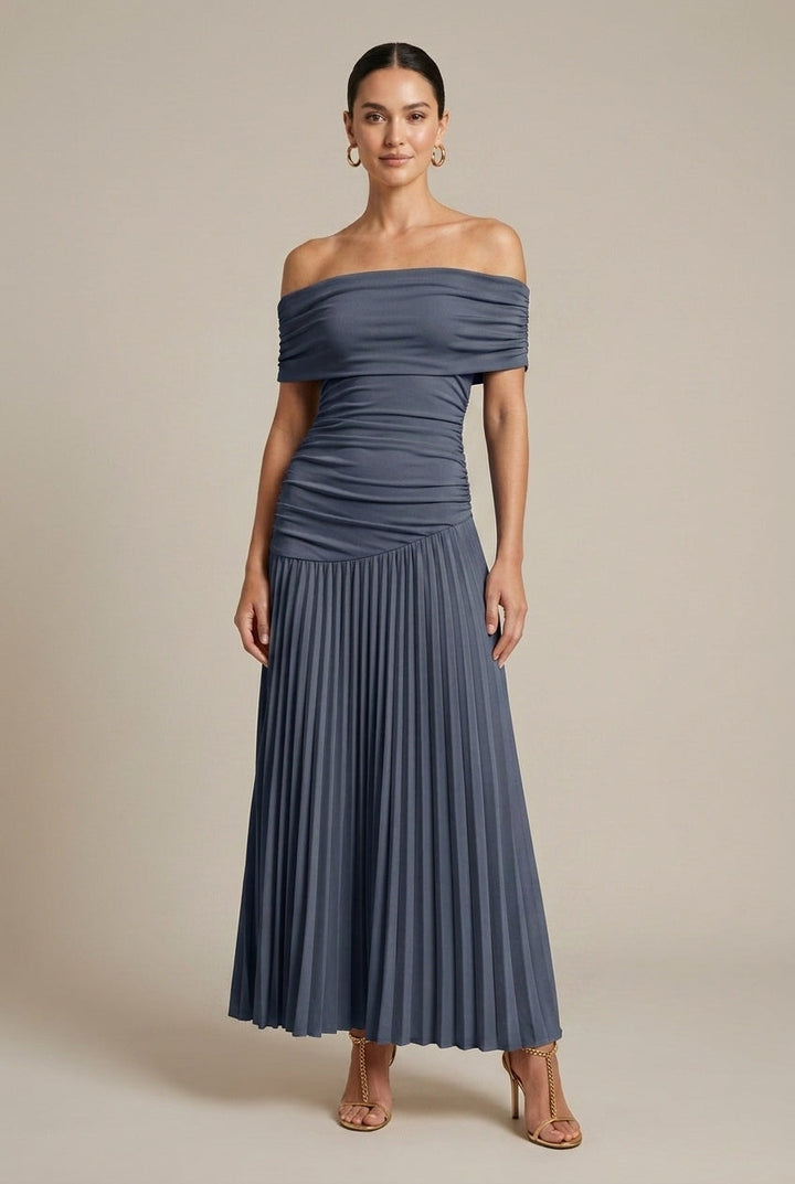 Women's Off Shoulder Pleated Wedding Guest Maxi Dress - Ruched Bodice
