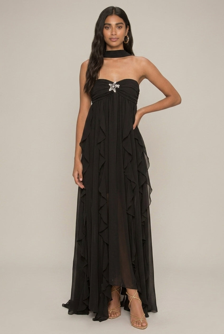 Women's Halter Maxi Dress - Strapless - Ruffle Tiers - High Slit