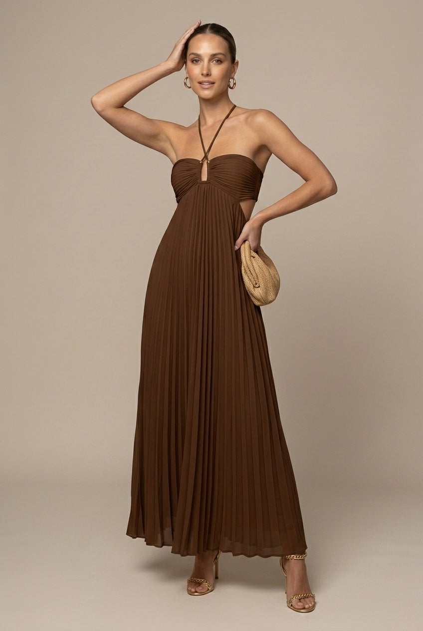 Women's Pleated Halter Neck Flowy Maxi Dress - Open Back
