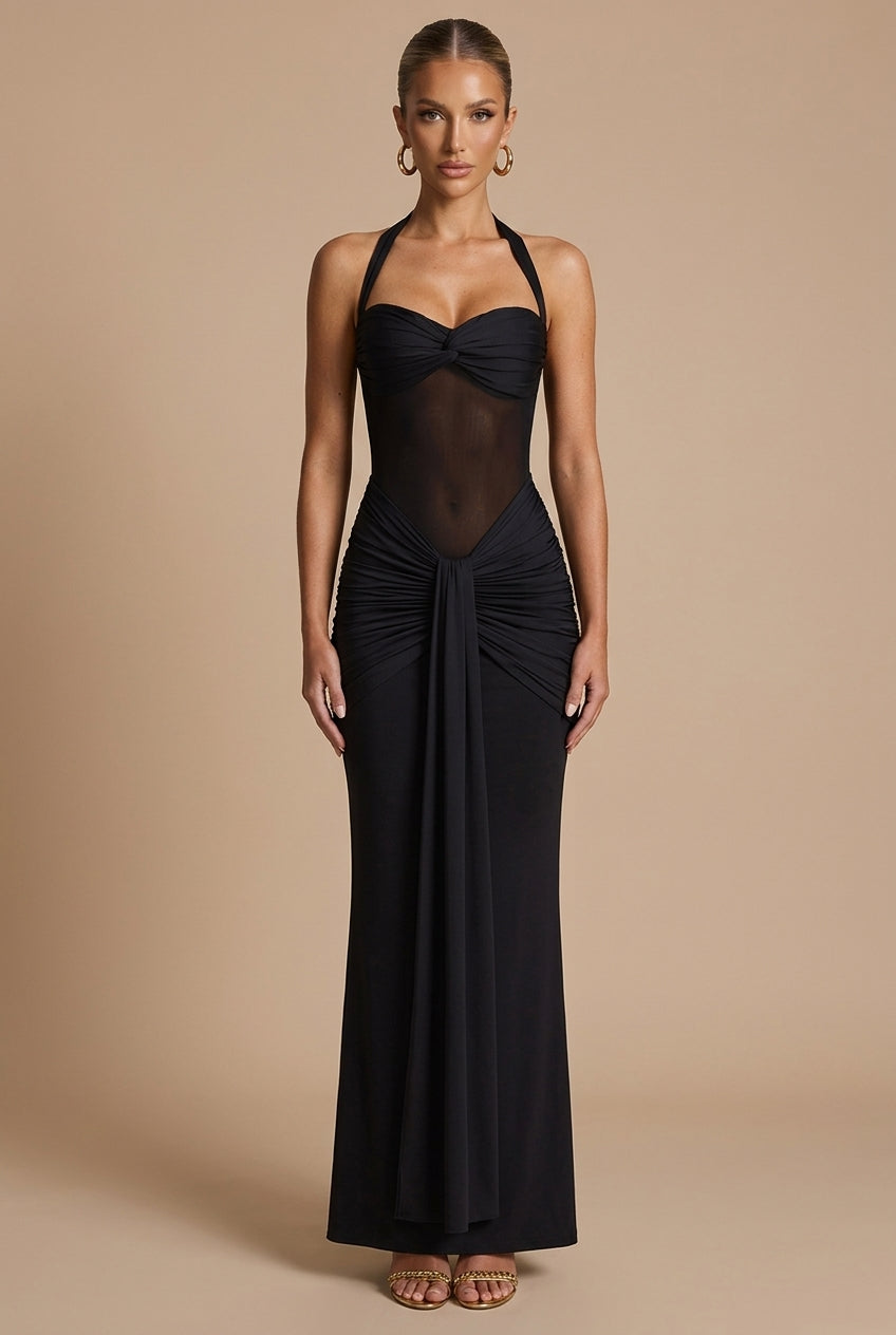 Women's Halter Neck Ruched Maxi Dress - Sheer Panel