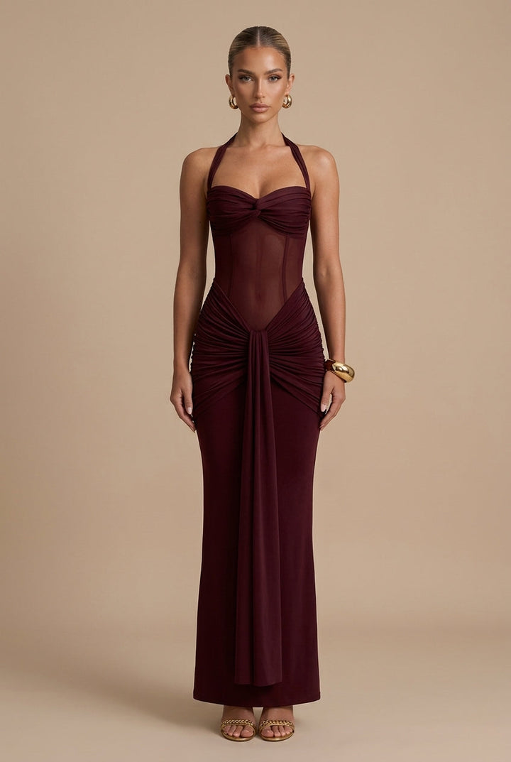 Women's Halter Neck Ruched Maxi Dress - Sheer Panel