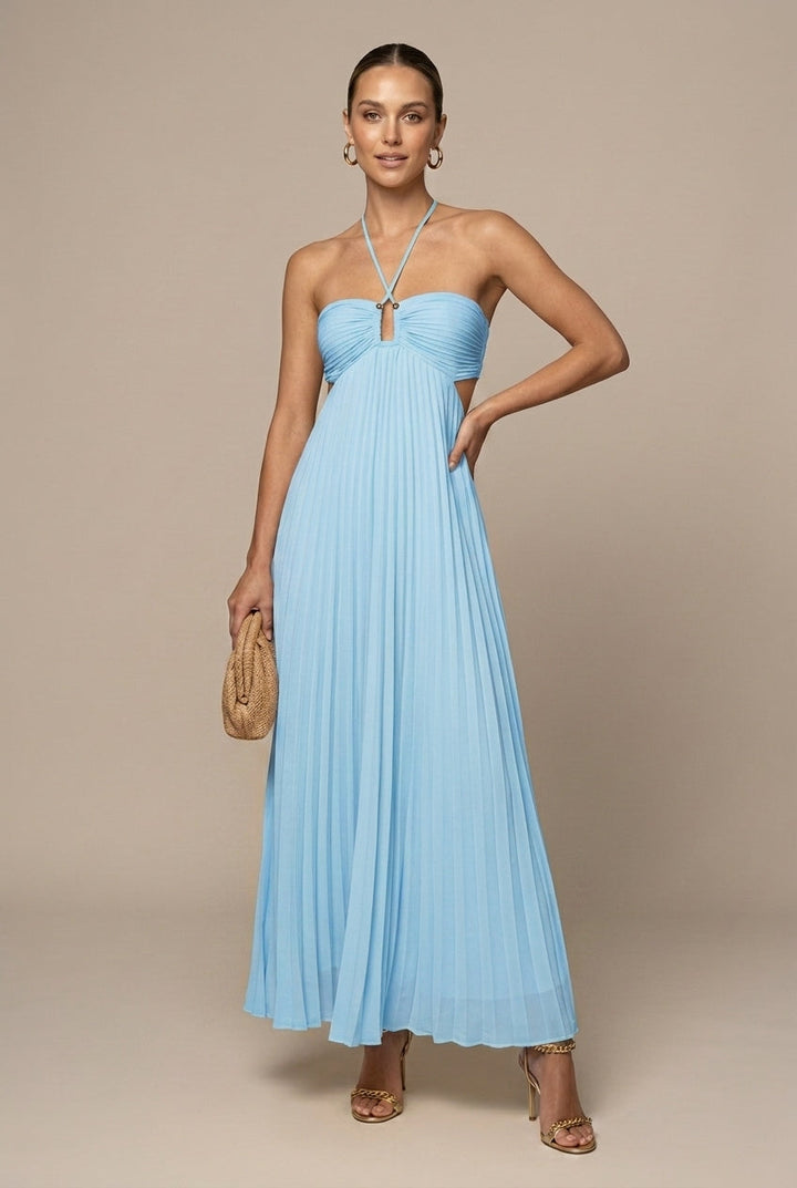 Women's Pleated Halter Neck Flowy Maxi Dress - Open Back