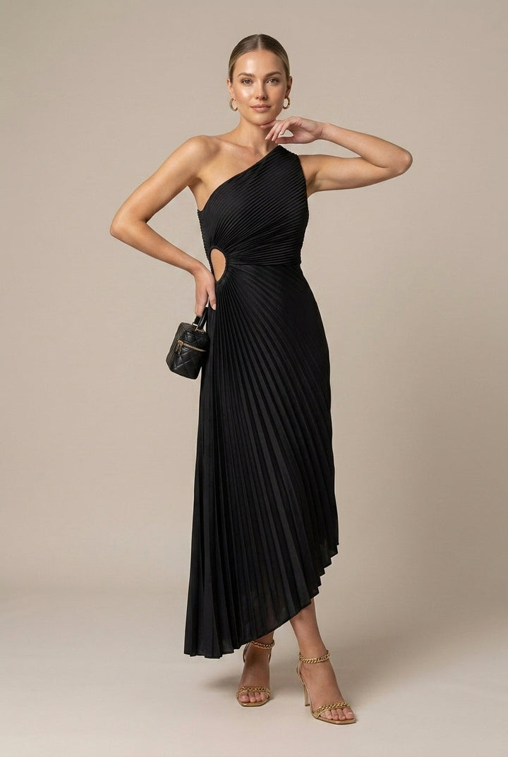 Women's One Shoulder Pleated Maxi Wedding Guest Dress