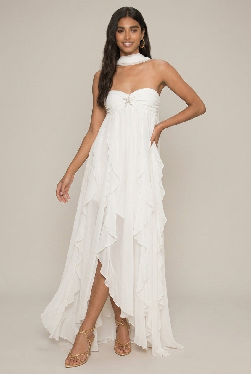 Women's Halter Maxi Dress - Strapless - Ruffle Tiers - High Slit