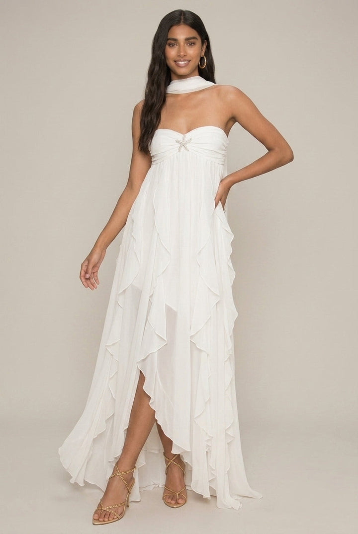 Women's Halter Maxi Dress - Strapless - Ruffle Tiers - High Slit