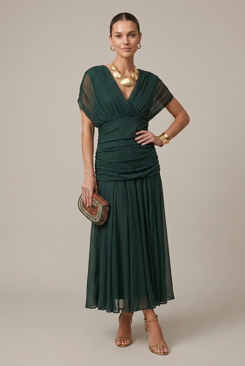 Women's Wrap Style Sheer Sleeve V-Neck Maxi Dress