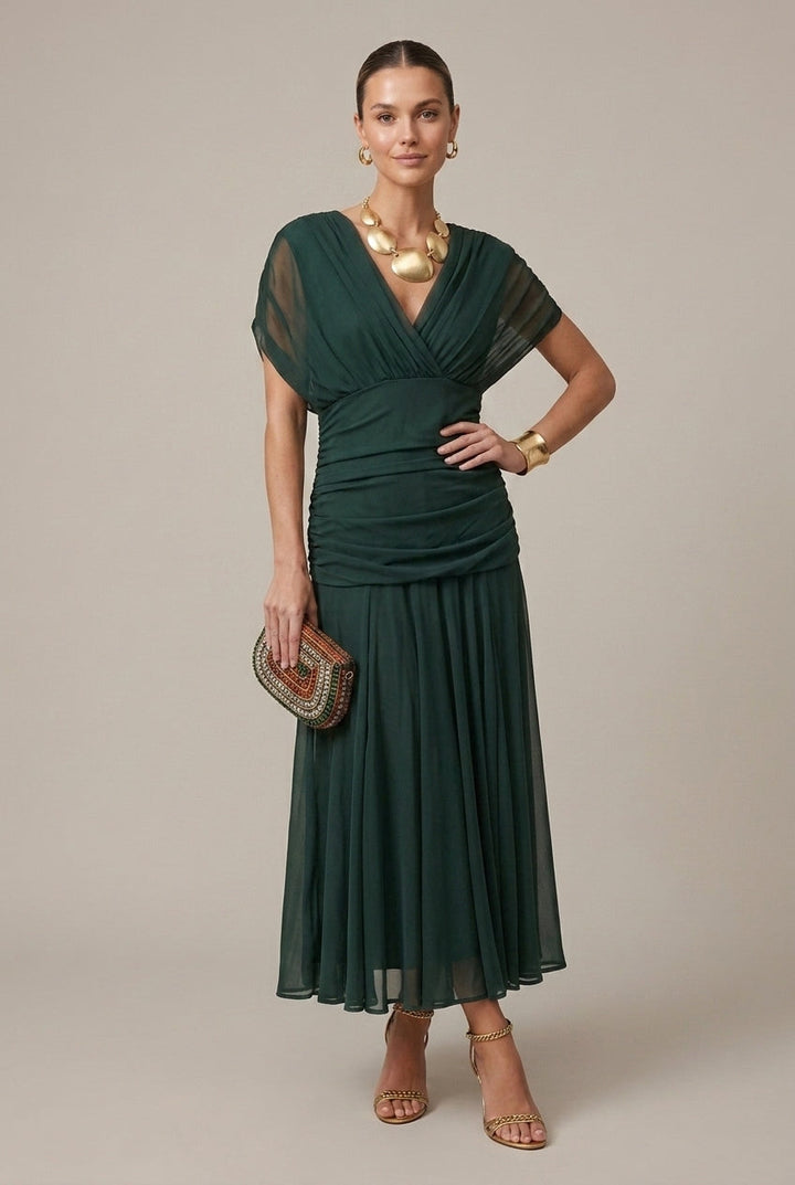 Women's Wrap Style Sheer Sleeve V-Neck Maxi Dress