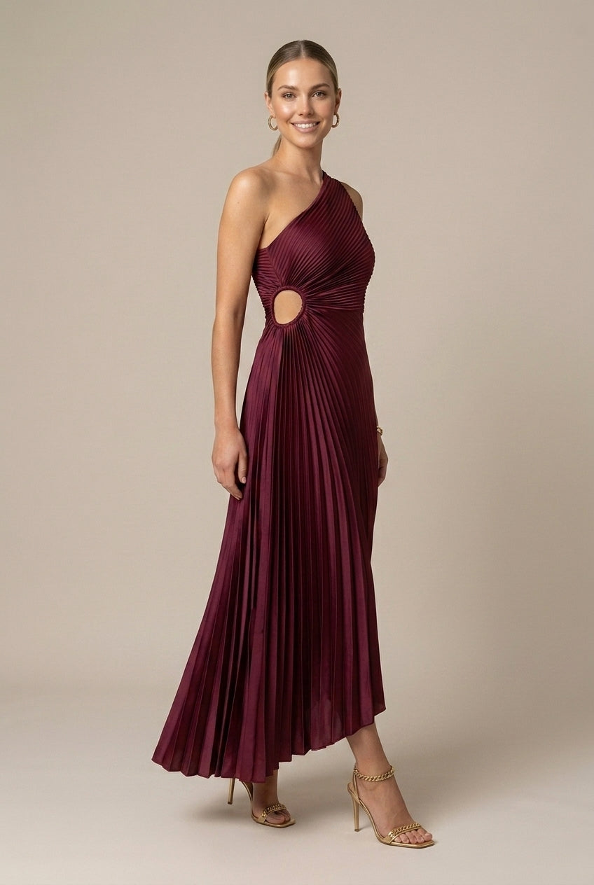 Women's One Shoulder Pleated Maxi Wedding Guest Dress