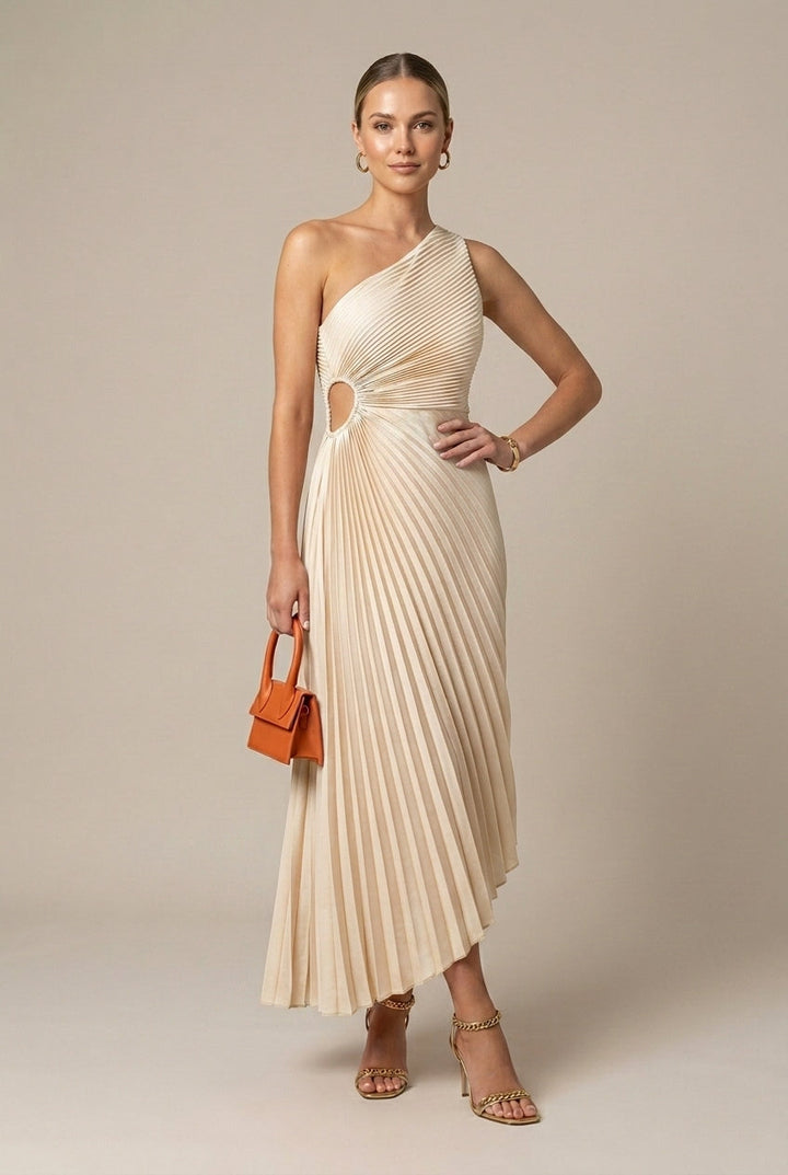 Women's One Shoulder Pleated Maxi Wedding Guest Dress