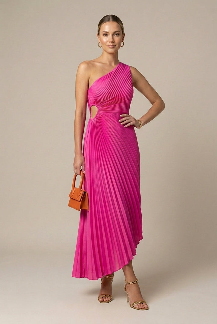Women's One Shoulder Pleated Maxi Wedding Guest Dress