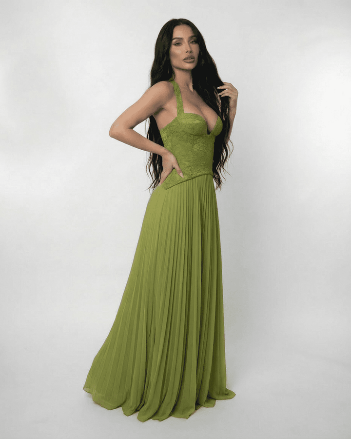 Women's Halter Lace-Up Back Pleated Maxi Dress
