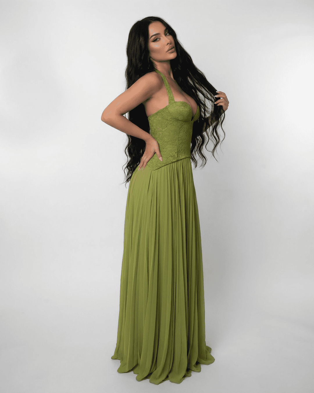 Women's Halter Lace-Up Back Pleated Maxi Dress