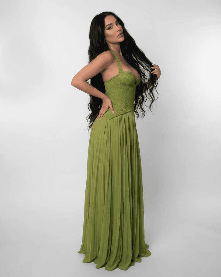 Women's Halter Lace-Up Back Pleated Maxi Dress