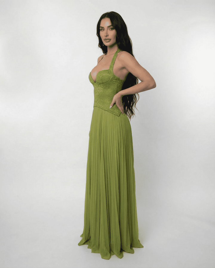 Women's Halter Lace-Up Back Pleated Maxi Dress