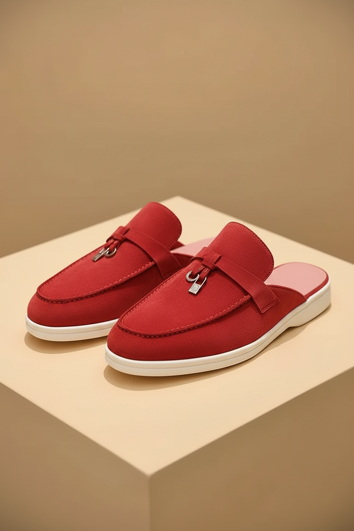 Women's Suede Mule Loafers - Metal Bit Detail - Flat White Sole