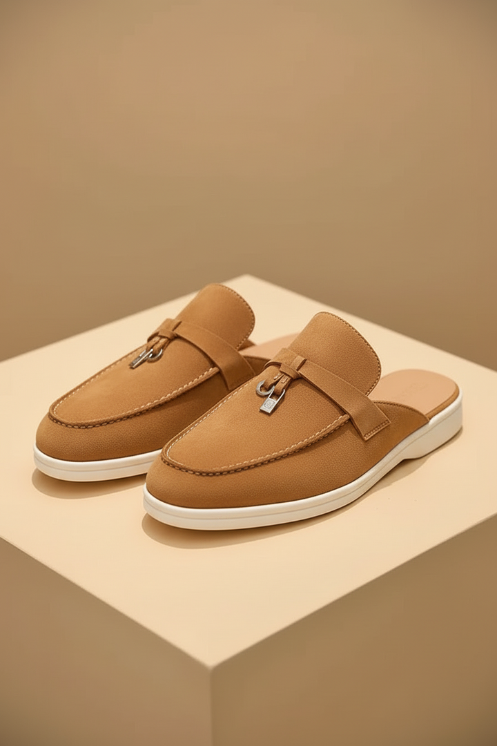 Women's Suede Mule Loafers - Metal Bit Detail - Flat White Sole